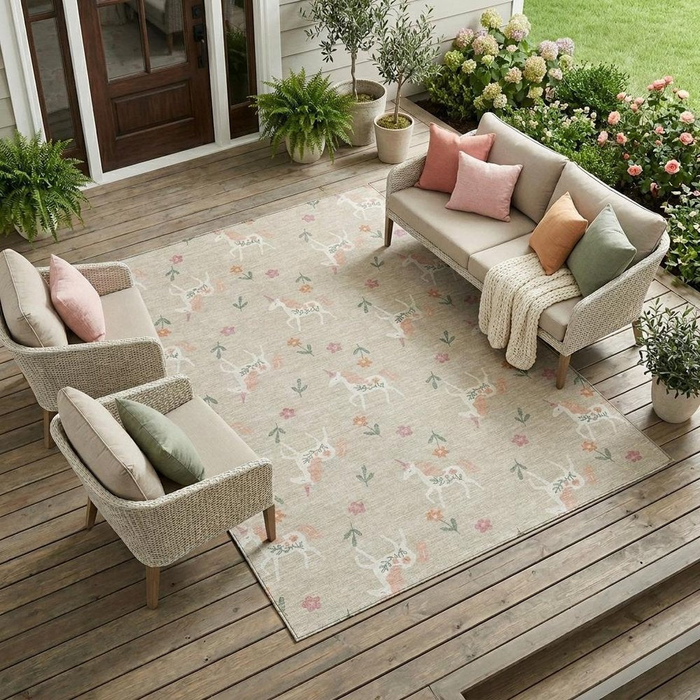 8' X 10' Beige And Gray Floral Washable Indoor Outdoor Area Rug — view 7