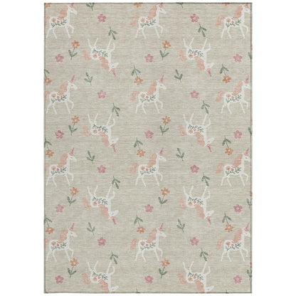 10' X 14' Beige And Gray Floral Washable Indoor Outdoor Area Rug