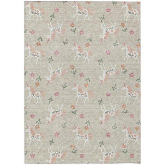 10' X 14' Beige And Gray Floral Washable Indoor Outdoor Area Rug