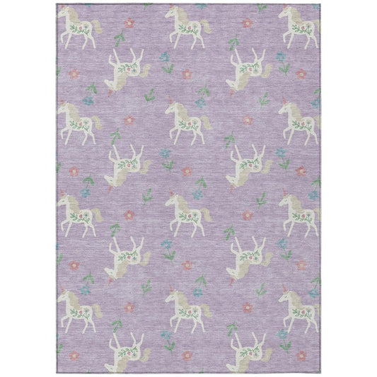 9' X 12' Lavender And Ivory Floral Washable Indoor Outdoor Area Rug
