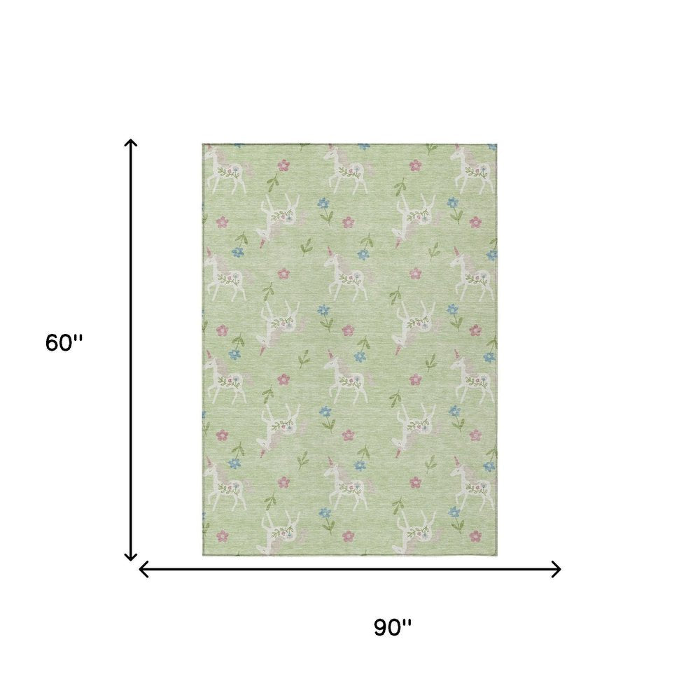 5' X 8' Mint Green And Ivory Floral Washable Indoor Outdoor Area Rug — view 6