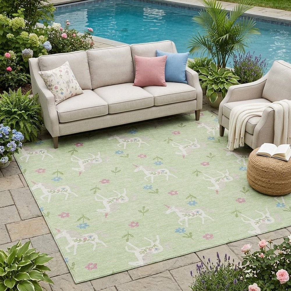 5' X 8' Mint Green And Ivory Floral Washable Indoor Outdoor Area Rug — view 7