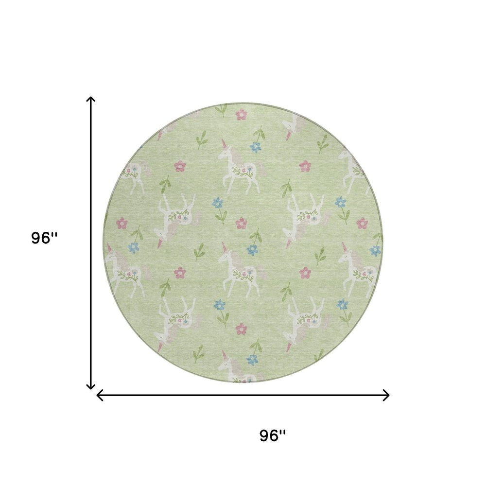8' Mint Green And Ivory Round Floral Washable Indoor Outdoor Area Rug — view 6