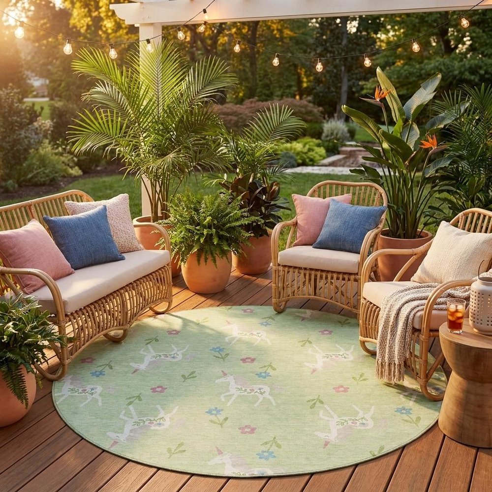 8' Mint Green And Ivory Round Floral Washable Indoor Outdoor Area Rug HomeRoots