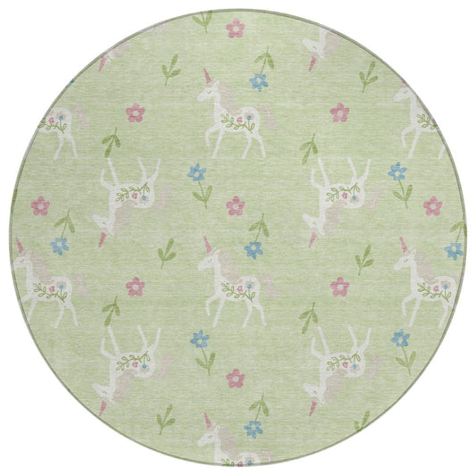 8' Mint Green And Ivory Round Floral Washable Indoor Outdoor Area Rug