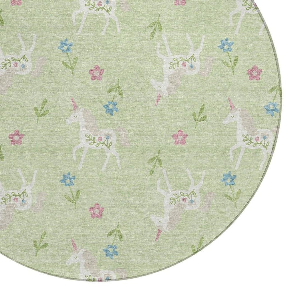 8' Mint Green And Ivory Round Floral Washable Indoor Outdoor Area Rug — view 4