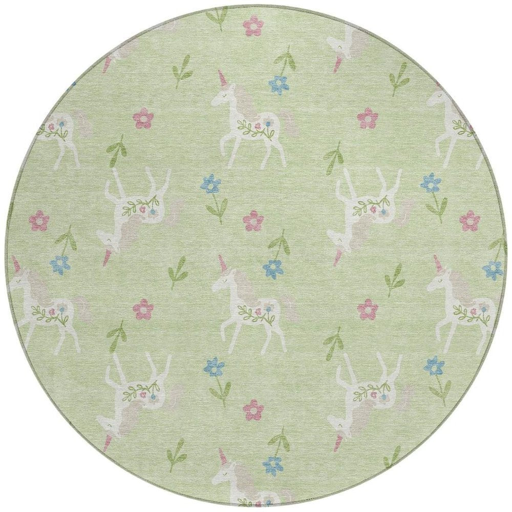 8' Mint Green And Ivory Round Floral Washable Indoor Outdoor Area Rug — view 5