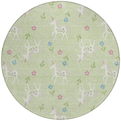 8' Mint Green And Ivory Round Floral Washable Indoor Outdoor Area Rug HomeRoots