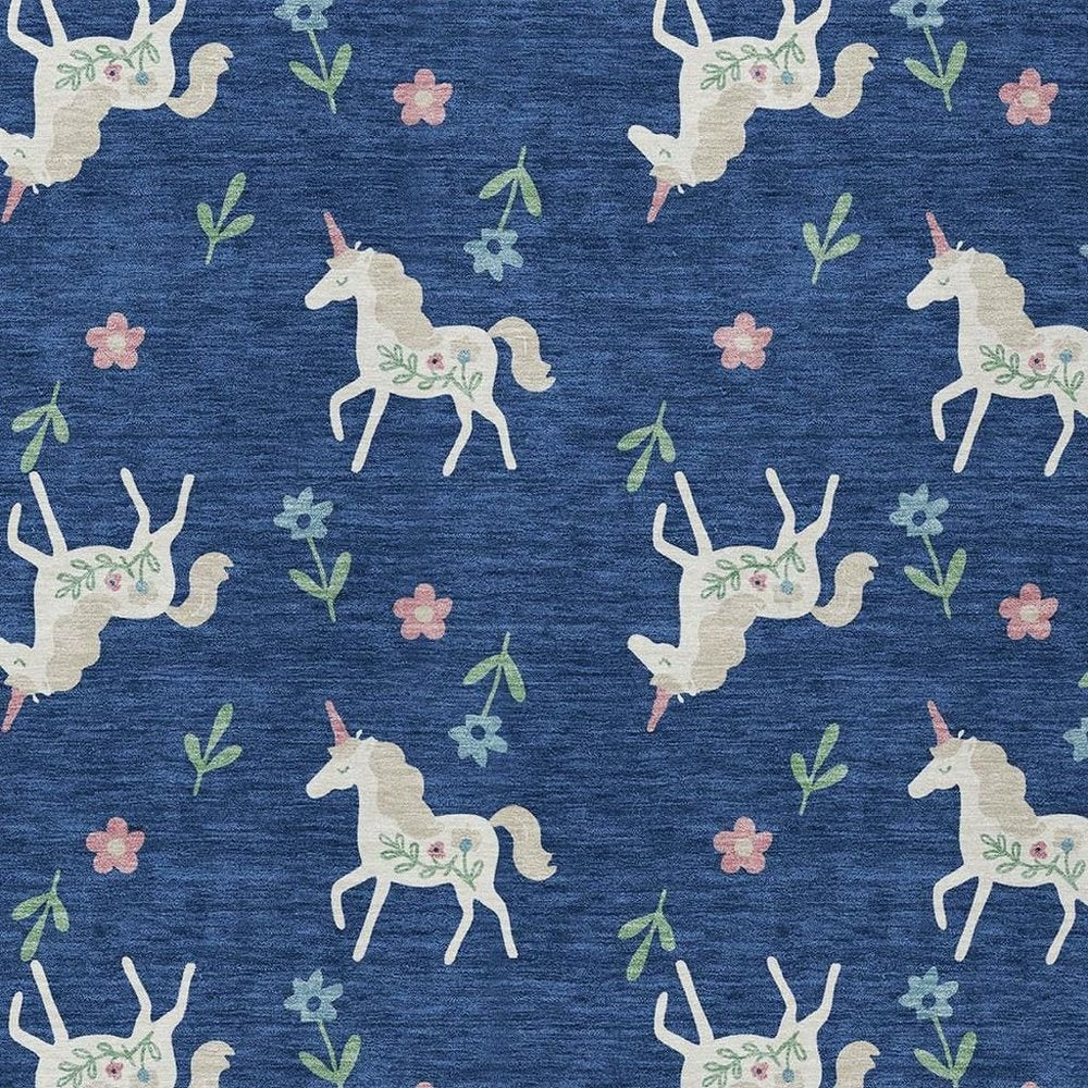 9' X 12' Navy Blue And Green Floral Washable Indoor Outdoor Area Rug — view 4