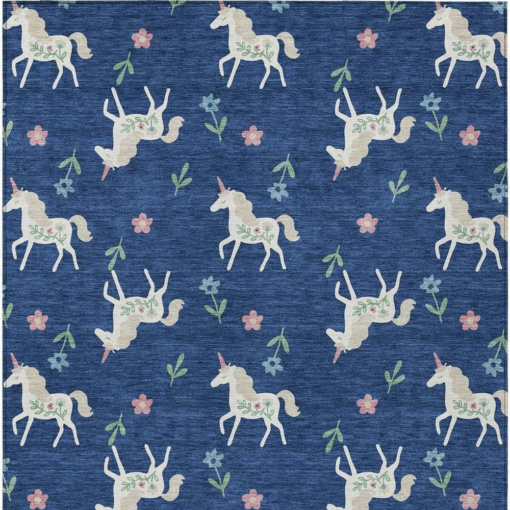 9' X 12' Navy Blue And Green Floral Washable Indoor Outdoor Area Rug — view 5