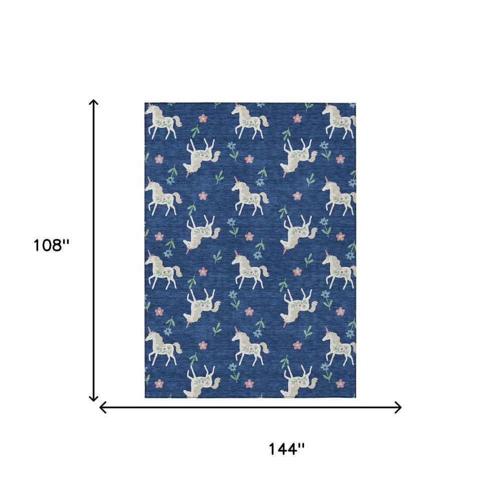 9' X 12' Navy Blue And Green Floral Washable Indoor Outdoor Area Rug — view 6