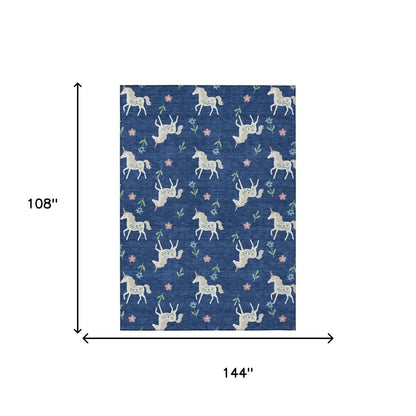 9' X 12' Navy Blue And Green Floral Washable Indoor Outdoor Area Rug HomeRoots
