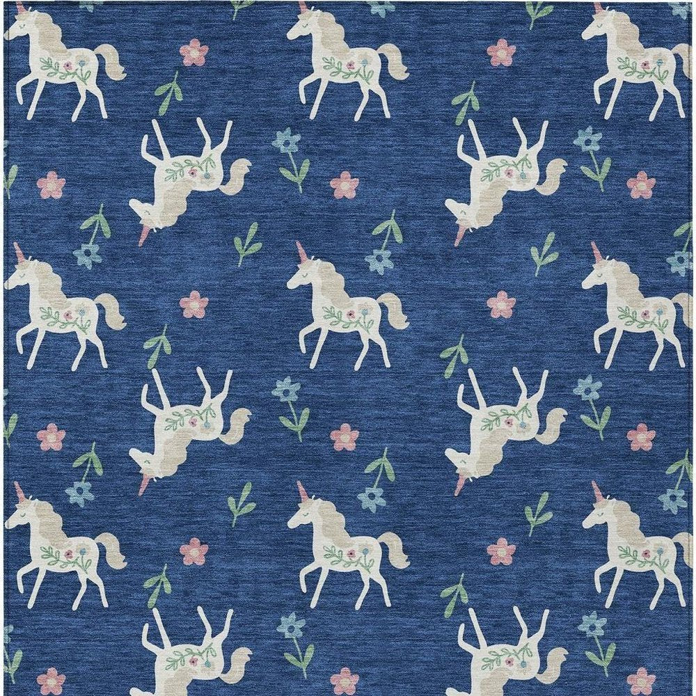 9' X 12' Navy Blue And Green Floral Washable Indoor Outdoor Area Rug HomeRoots