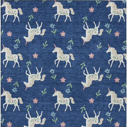 9' X 12' Navy Blue And Green Floral Washable Indoor Outdoor Area Rug HomeRoots