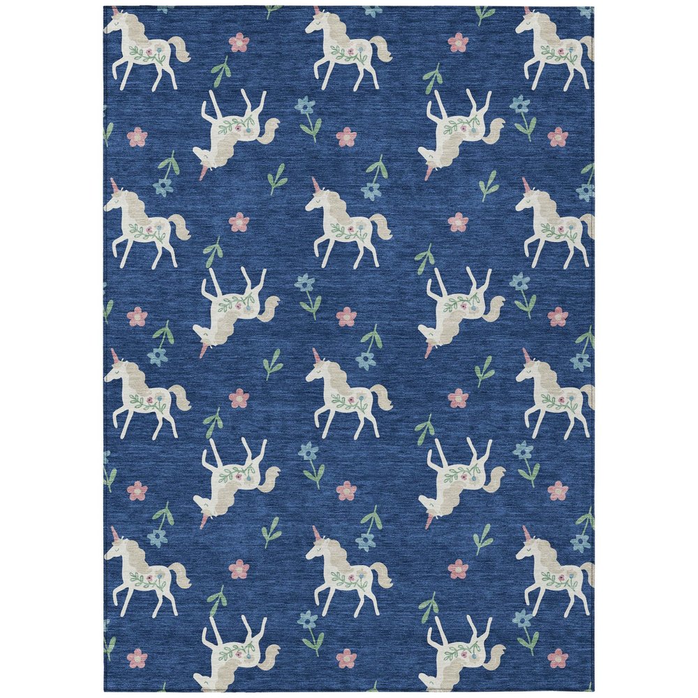 9' X 12' Navy Blue And Green Floral Washable Indoor Outdoor Area Rug — view 1