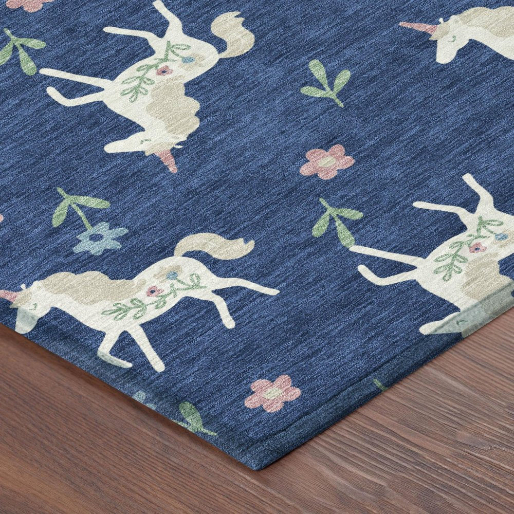 9' X 12' Navy Blue And Green Floral Washable Indoor Outdoor Area Rug — view 2