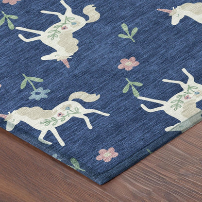 9' X 12' Navy Blue And Green Floral Washable Indoor Outdoor Area Rug HomeRoots