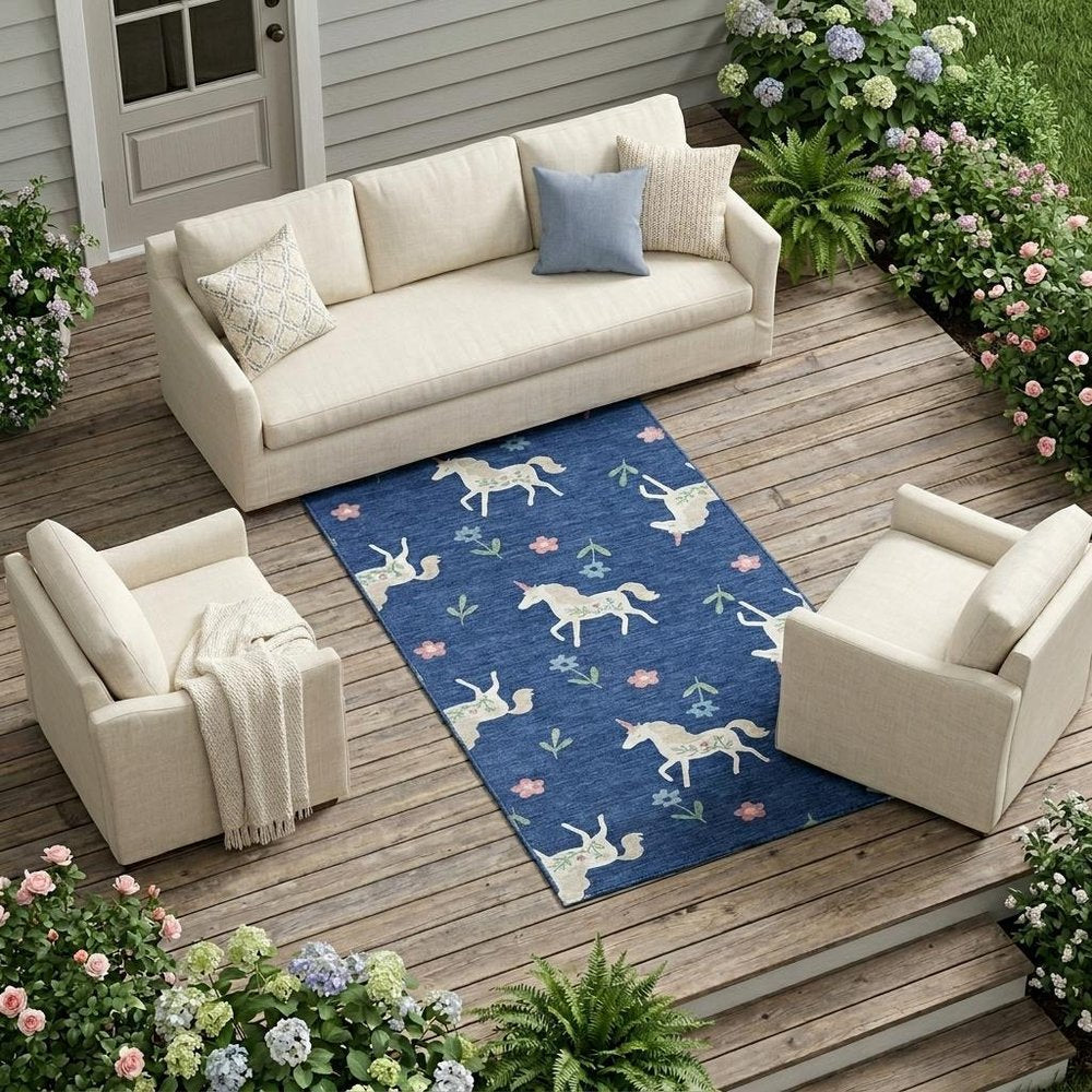 9' X 12' Navy Blue And Green Floral Washable Indoor Outdoor Area Rug HomeRoots