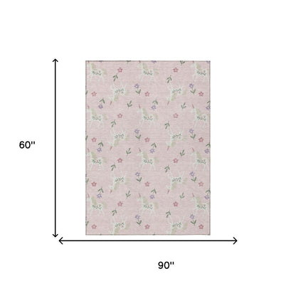 5' X 8' Pink And Ivory Floral Washable Indoor Outdoor Area Rug HomeRoots