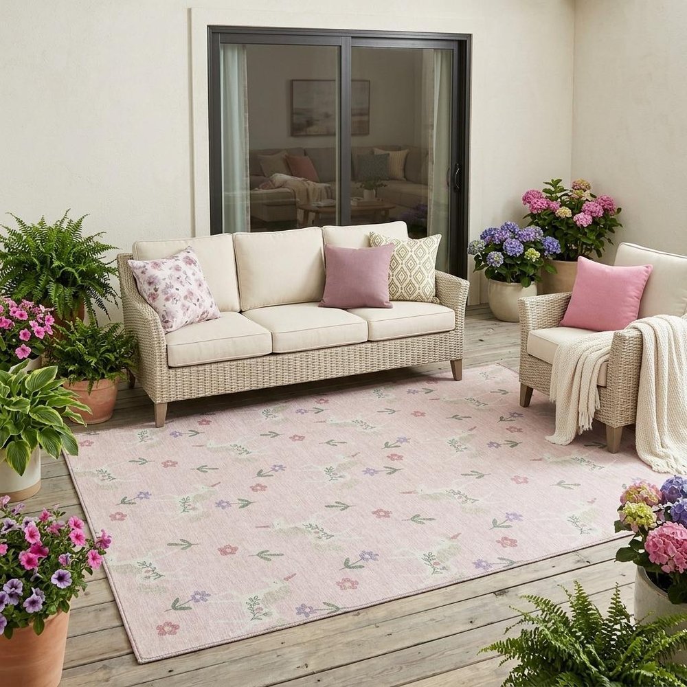 5' X 8' Pink And Ivory Floral Washable Indoor Outdoor Area Rug — view 7