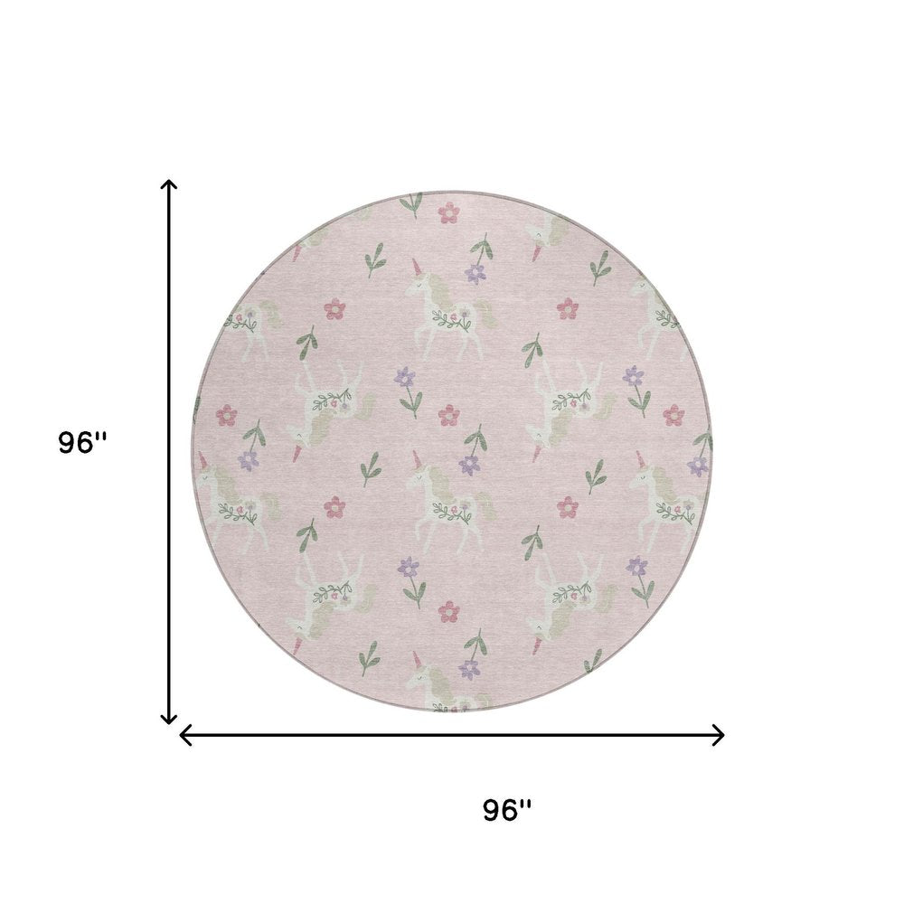 8' Pink And Ivory Round Floral Washable Indoor Outdoor Area Rug HomeRoots