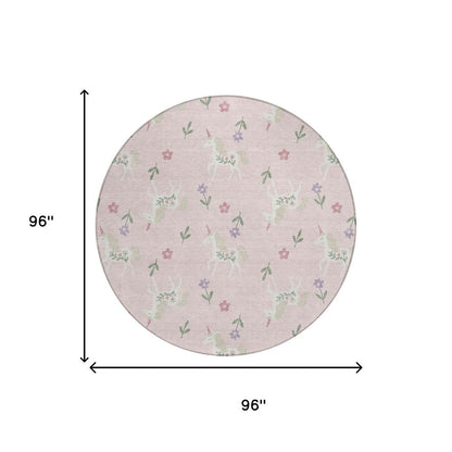 8' Pink And Ivory Round Floral Washable Indoor Outdoor Area Rug HomeRoots