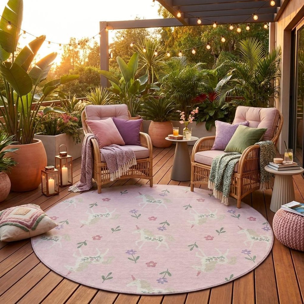 8' Pink And Ivory Round Floral Washable Indoor Outdoor Area Rug HomeRoots