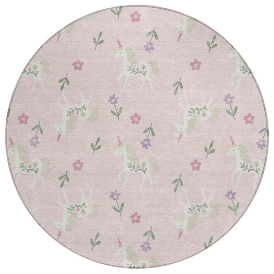8' Pink And Ivory Round Floral Washable Indoor Outdoor Area Rug