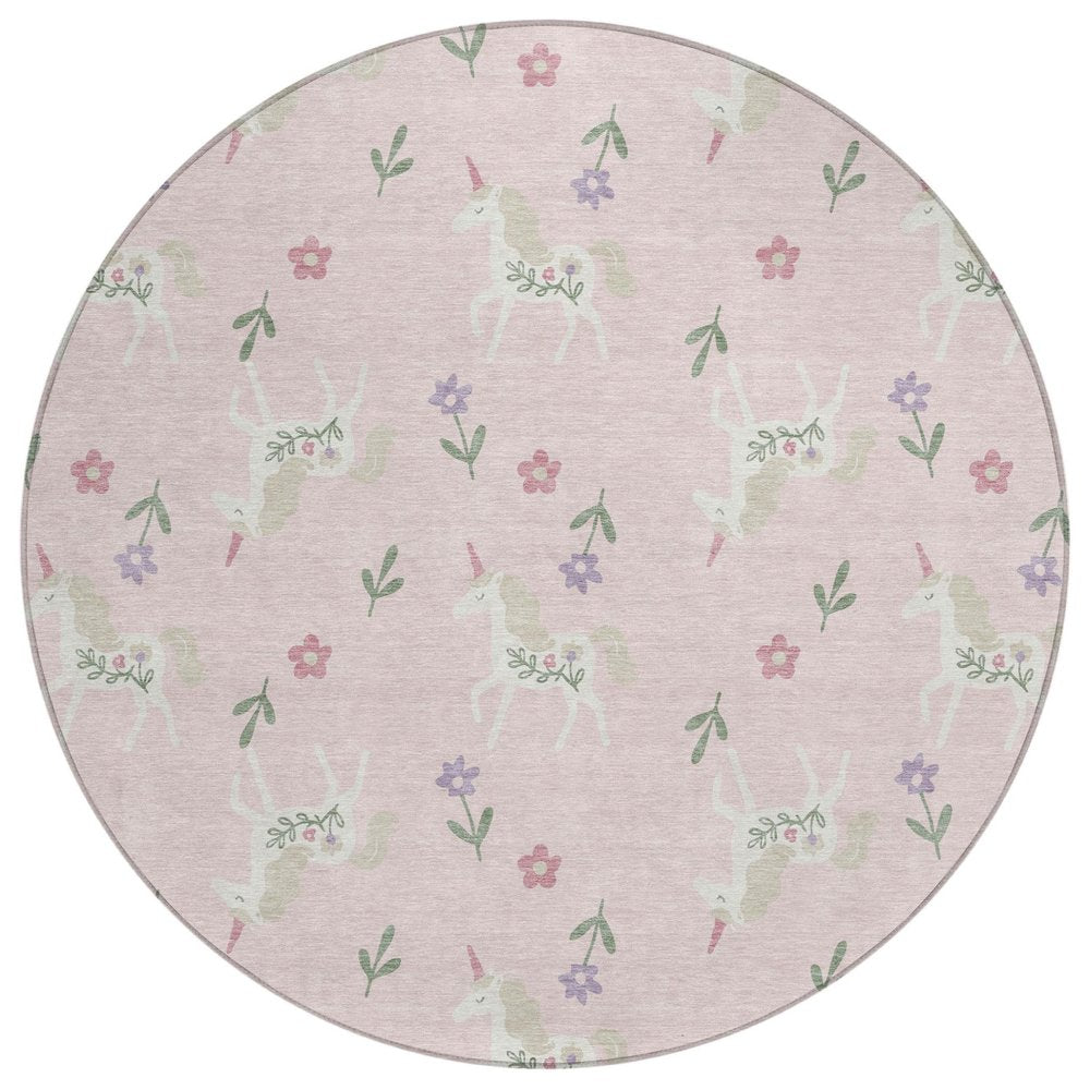 8' Pink And Ivory Round Floral Washable Indoor Outdoor Area Rug — view 1