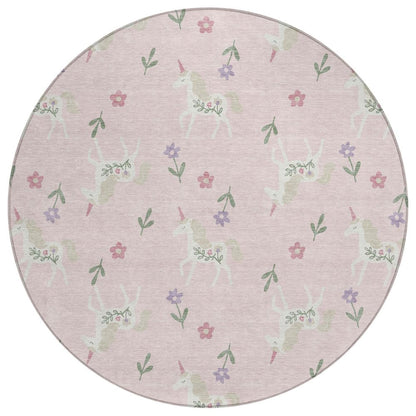 8' Pink And Ivory Round Floral Washable Indoor Outdoor Area Rug HomeRoots