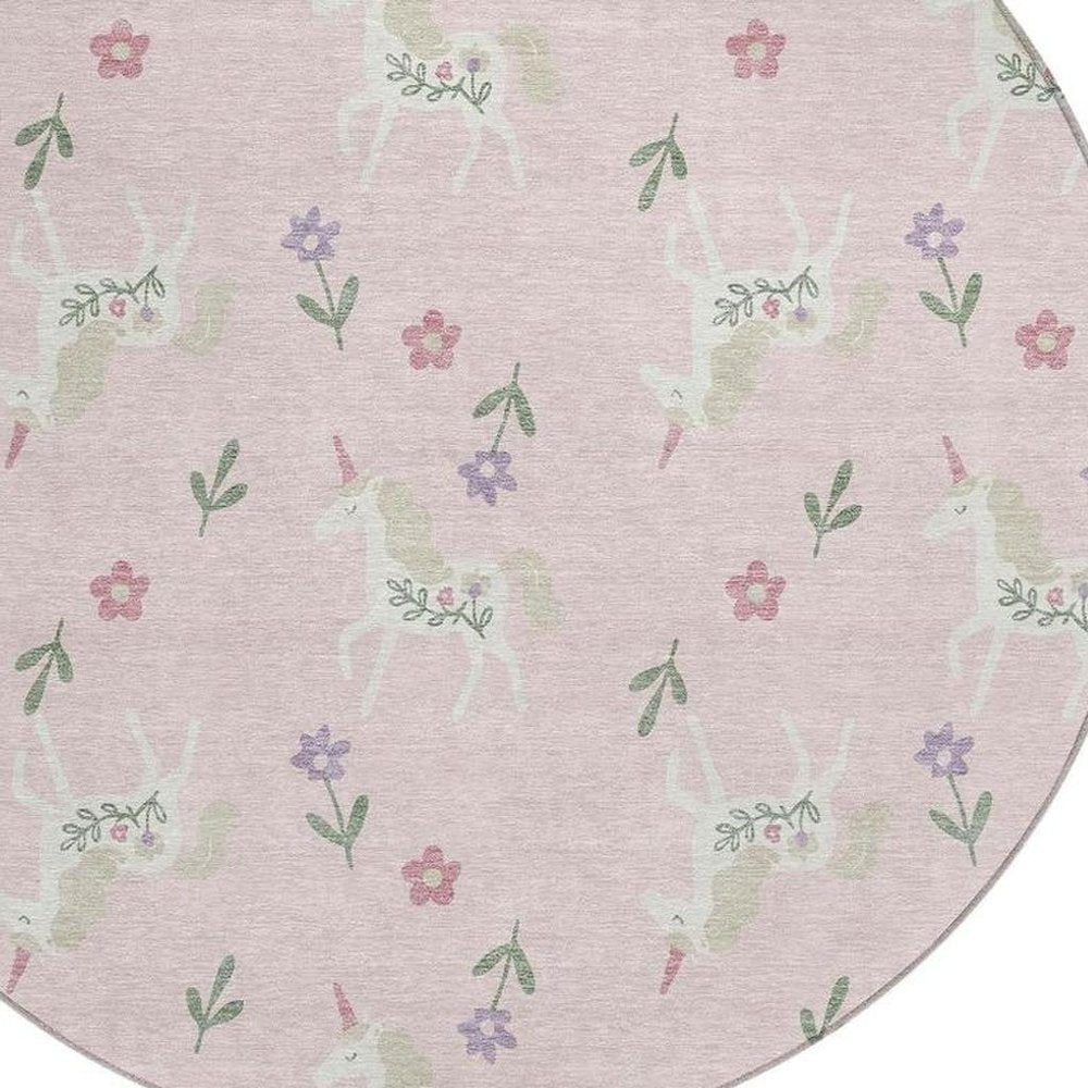 8' Pink And Ivory Round Floral Washable Indoor Outdoor Area Rug HomeRoots