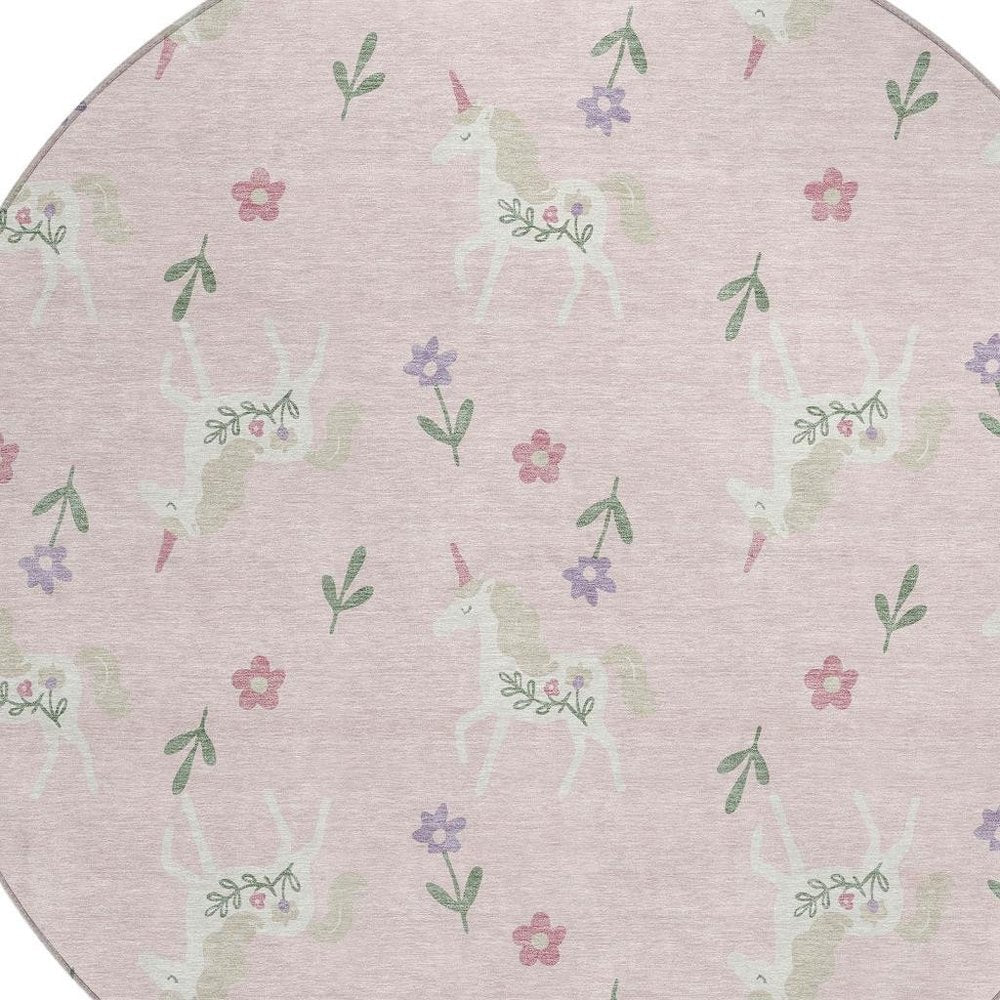 8' Pink And Ivory Round Floral Washable Indoor Outdoor Area Rug — view 4
