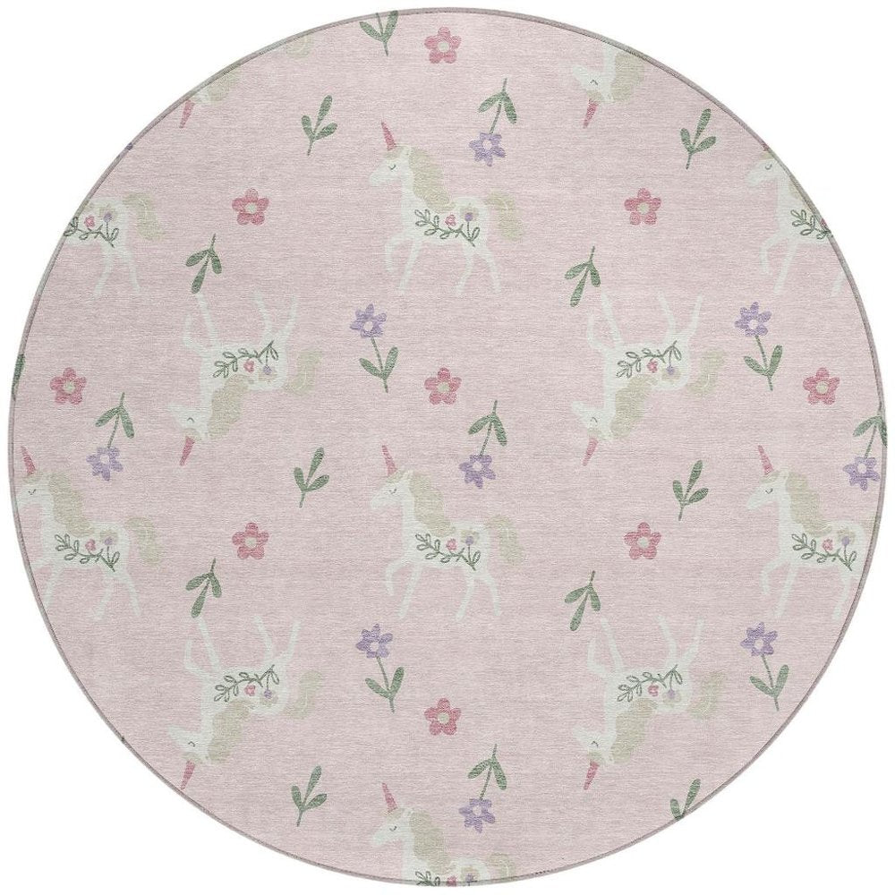 8' Pink And Ivory Round Floral Washable Indoor Outdoor Area Rug — view 5