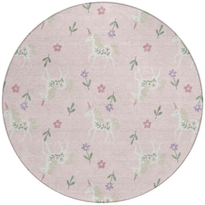 8' Pink And Ivory Round Floral Washable Indoor Outdoor Area Rug HomeRoots