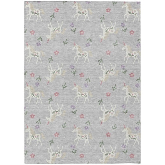 3' X 5' Silver And Ivory Floral Washable Indoor Outdoor Area Rug