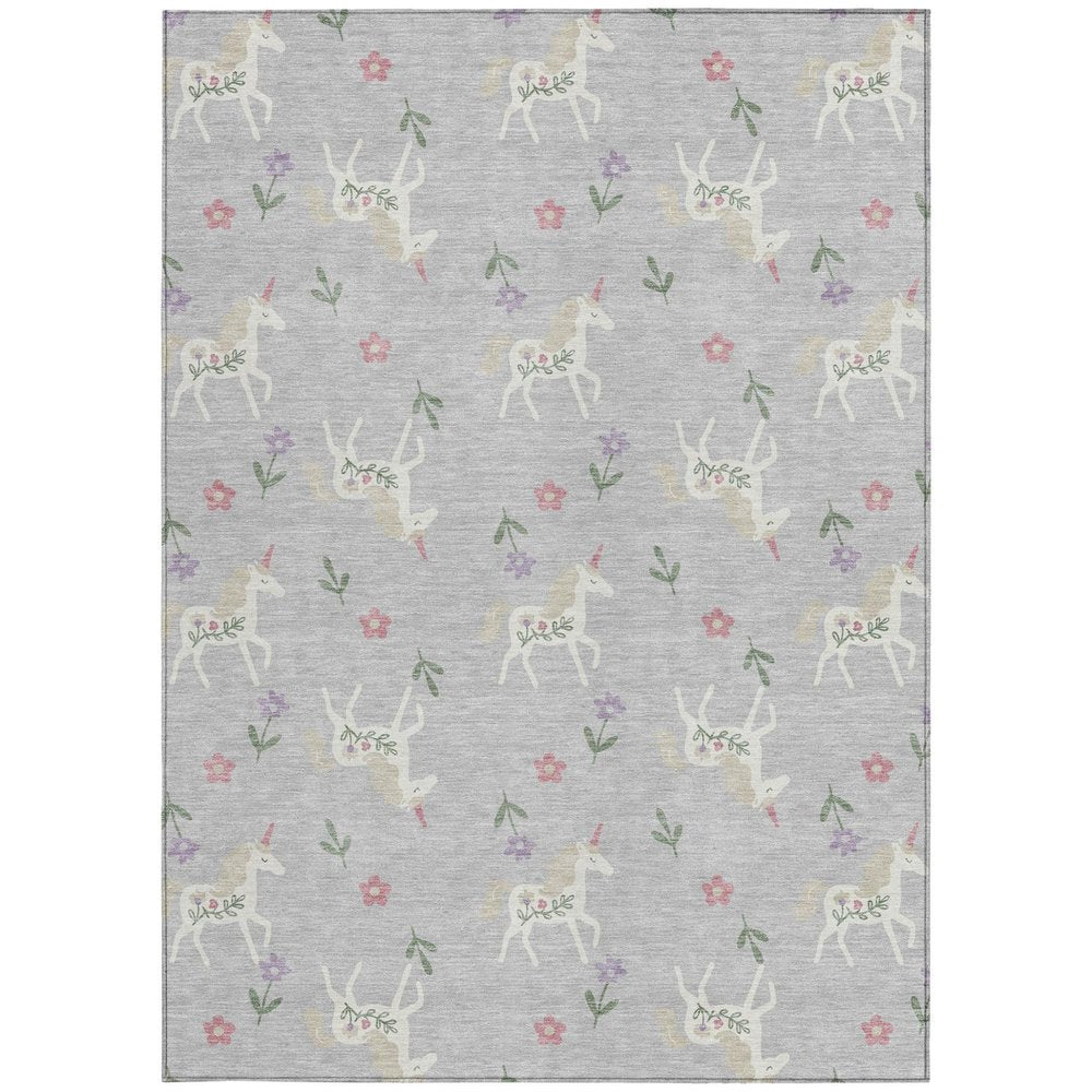 5' X 8' Silver And Ivory Floral Washable Indoor Outdoor Area Rug