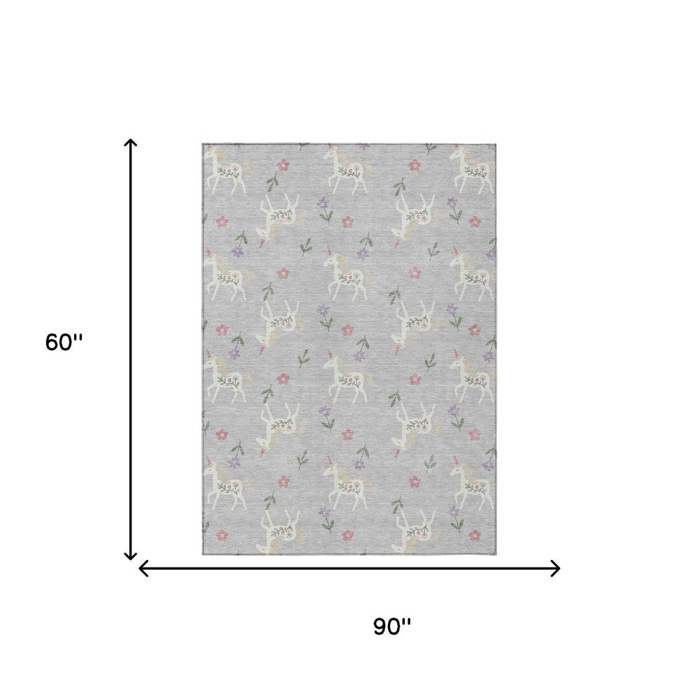 5' X 8' Silver And Ivory Floral Washable Indoor Outdoor Area Rug — view 6