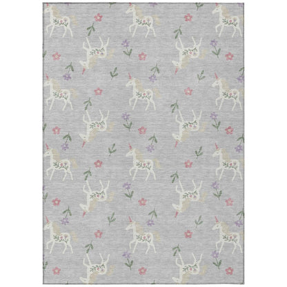 5' X 8' Silver And Ivory Floral Washable Indoor Outdoor Area Rug