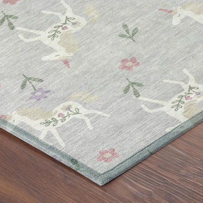 5' X 8' Silver And Ivory Floral Washable Indoor Outdoor Area Rug
