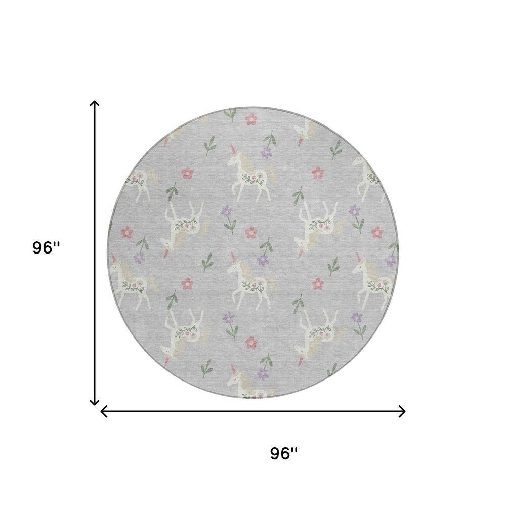 8' Silver And Ivory Round Floral Washable Indoor Outdoor Area Rug HomeRoots