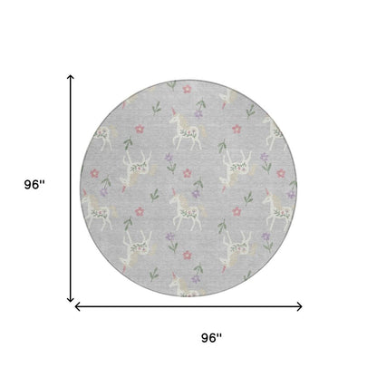 8' Silver And Ivory Round Floral Washable Indoor Outdoor Area Rug HomeRoots