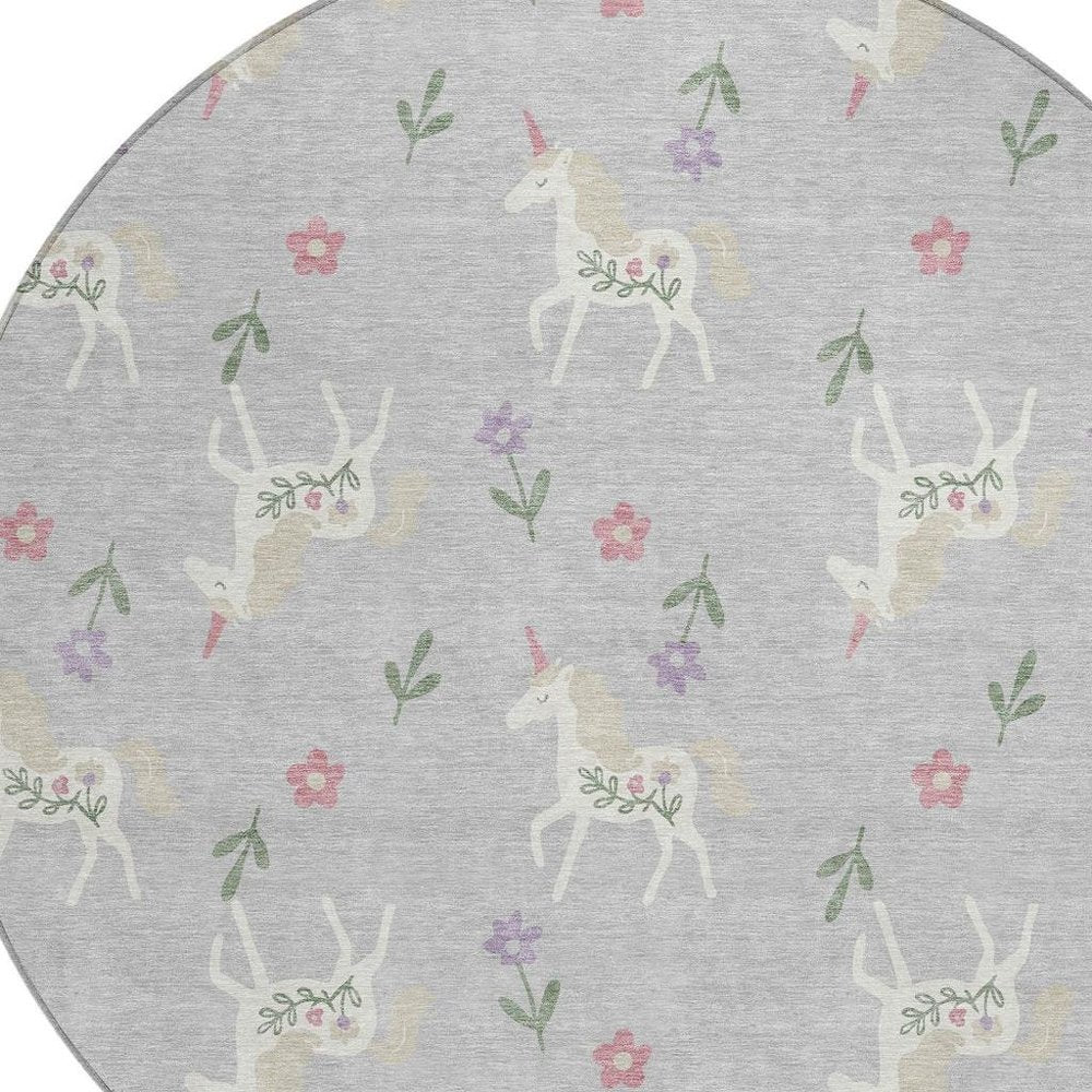 8' Silver And Ivory Round Floral Washable Indoor Outdoor Area Rug HomeRoots