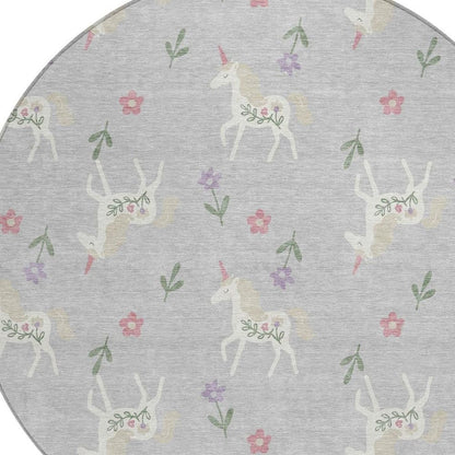 8' Silver And Ivory Round Floral Washable Indoor Outdoor Area Rug HomeRoots