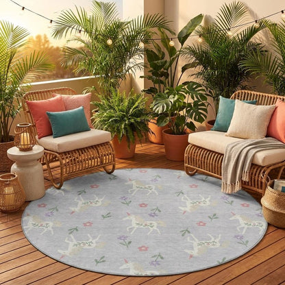 8' Silver And Ivory Round Floral Washable Indoor Outdoor Area Rug HomeRoots