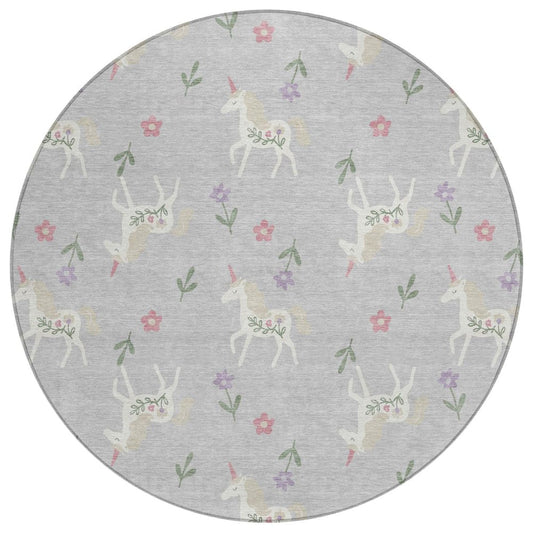 8' Silver And Ivory Round Floral Washable Indoor Outdoor Area Rug