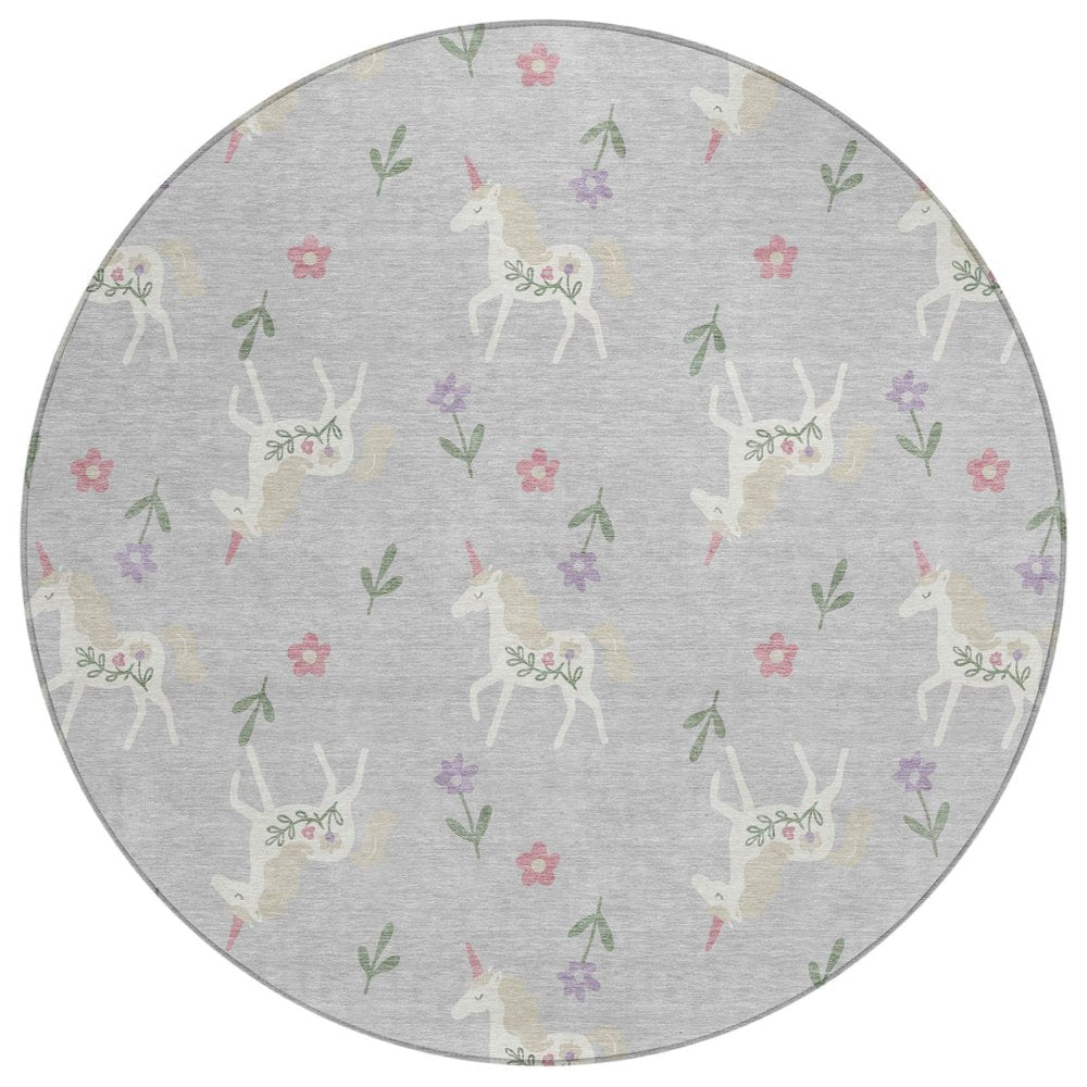 8' Silver And Ivory Round Floral Washable Indoor Outdoor Area Rug HomeRoots