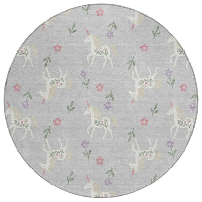8' Silver And Ivory Round Floral Washable Indoor Outdoor Area Rug HomeRoots