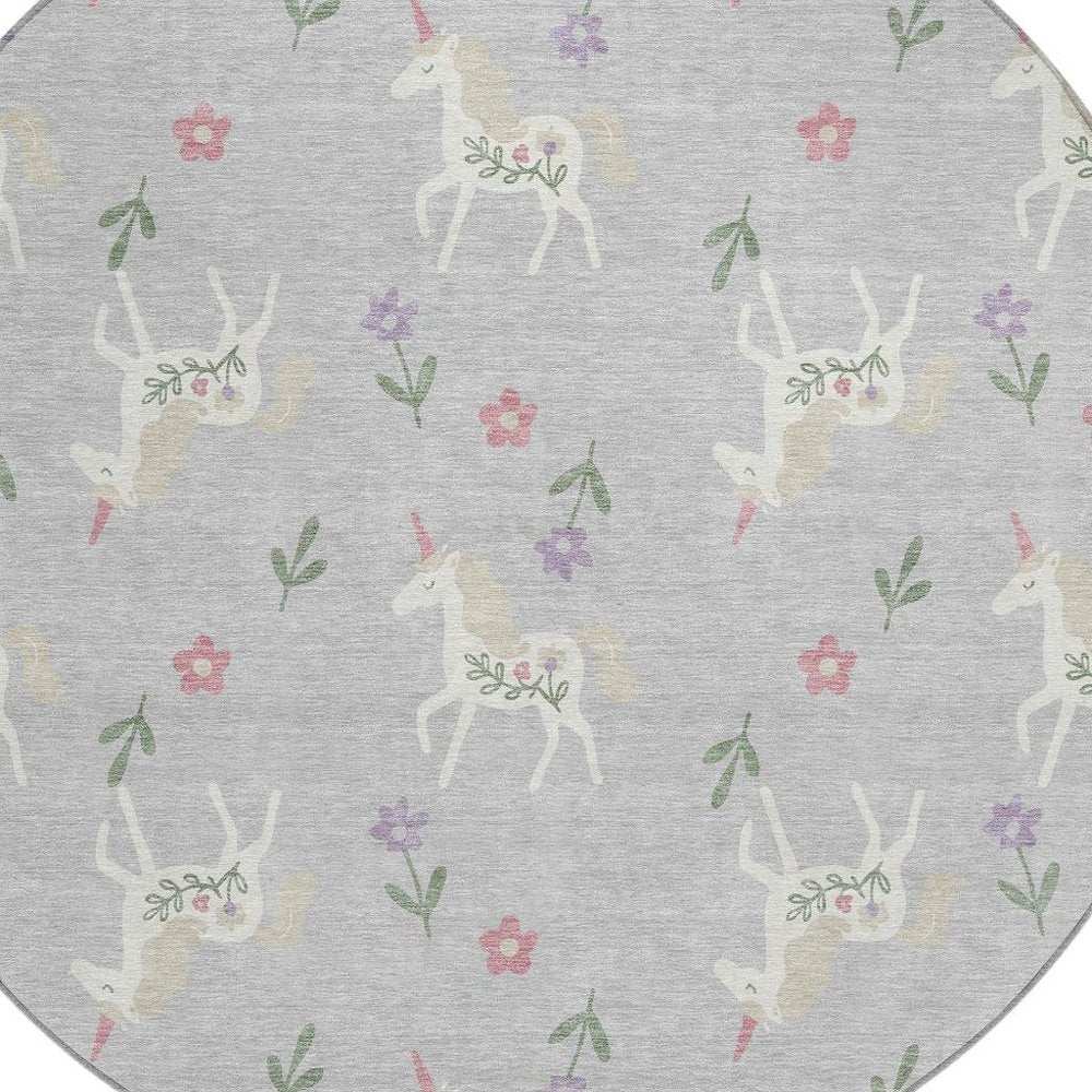 8' Silver And Ivory Round Floral Washable Indoor Outdoor Area Rug — view 4