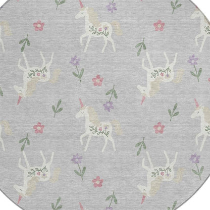 8' Silver And Ivory Round Floral Washable Indoor Outdoor Area Rug HomeRoots