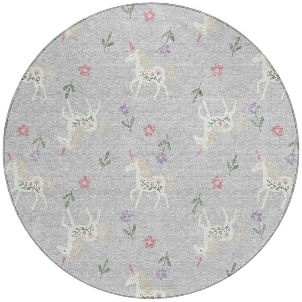 8' Silver And Ivory Round Floral Washable Indoor Outdoor Area Rug HomeRoots